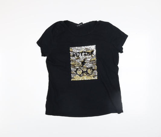 Harry Potter Women's Black Sequin T-Shirt UK 16 Short Sleeve Cotton