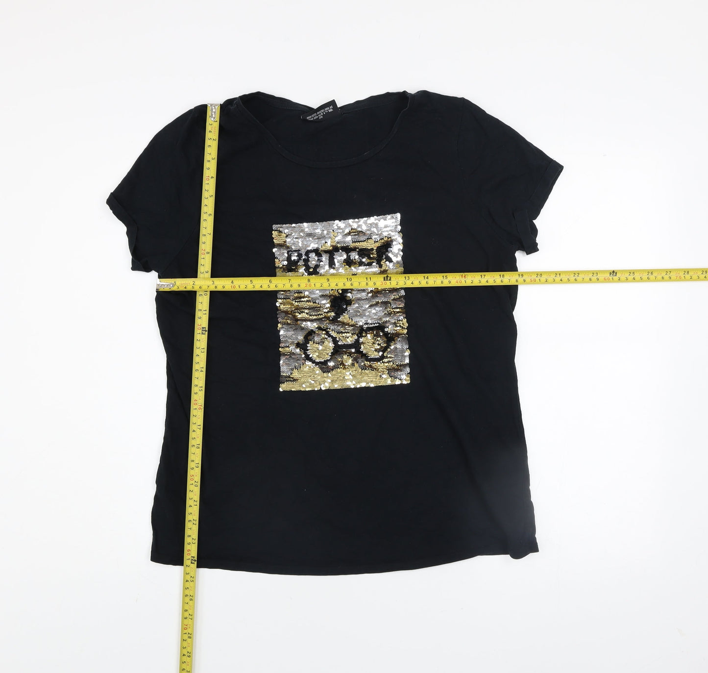 Harry Potter Women's Black Sequin T-Shirt UK 16 Short Sleeve Cotton