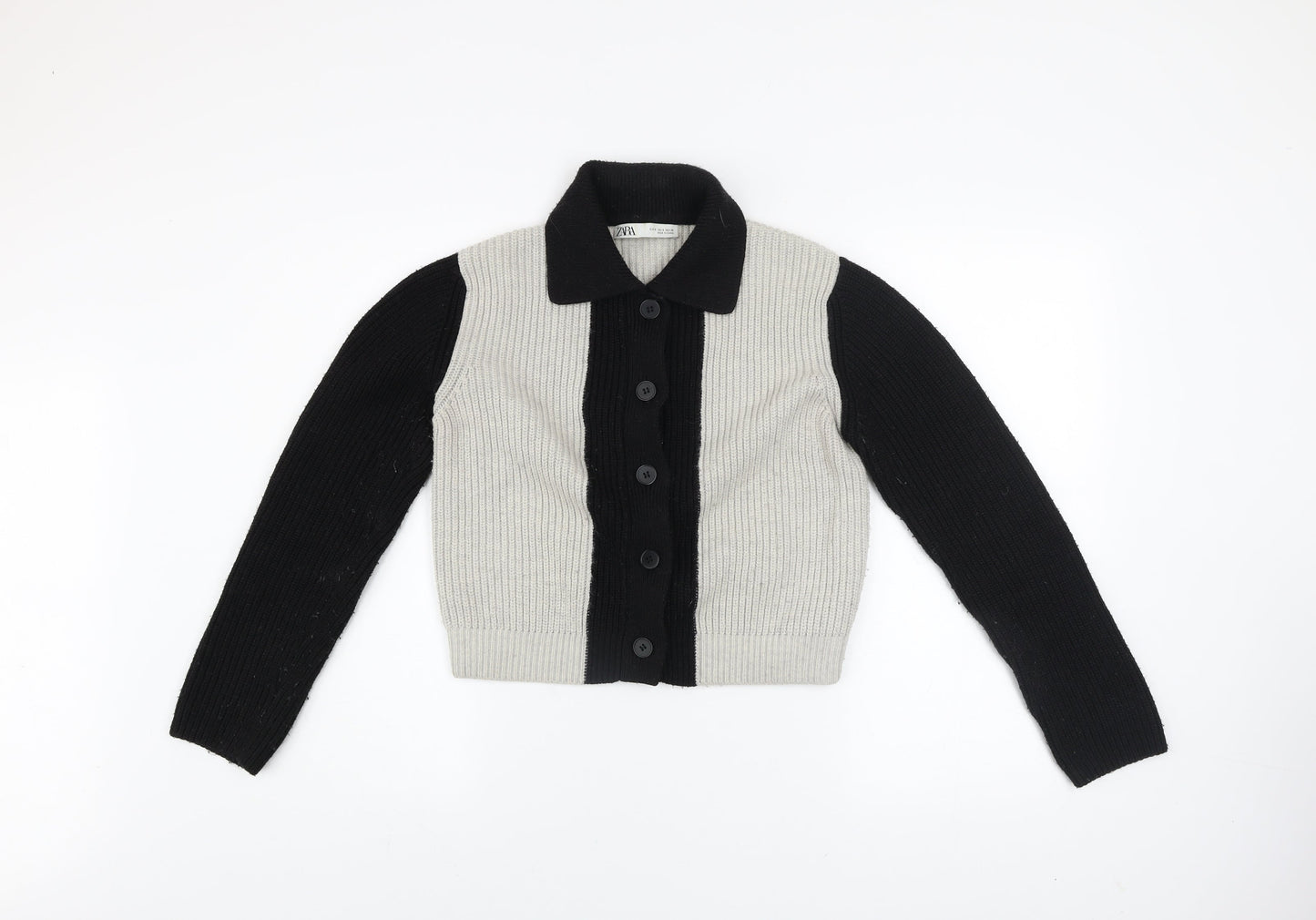 ZARA Womens Black Grey Collared Button Cardigan Size S