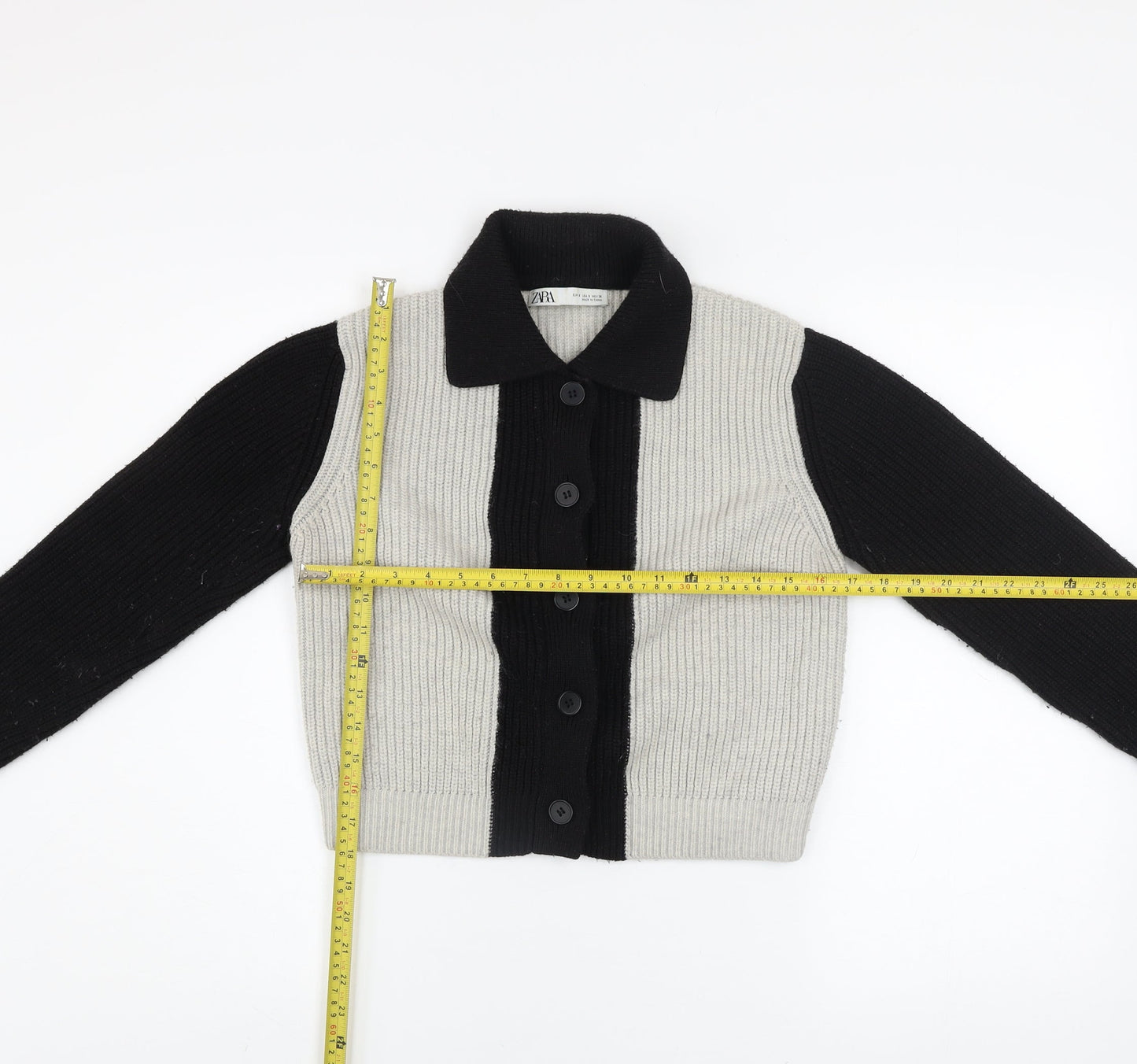 ZARA Womens Black Grey Collared Button Cardigan Size S