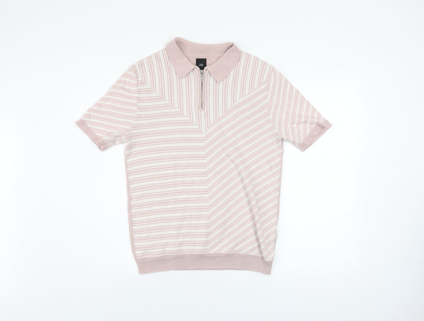 River Island Men's Beige Striped Knit Zip Polo Shirt Size S