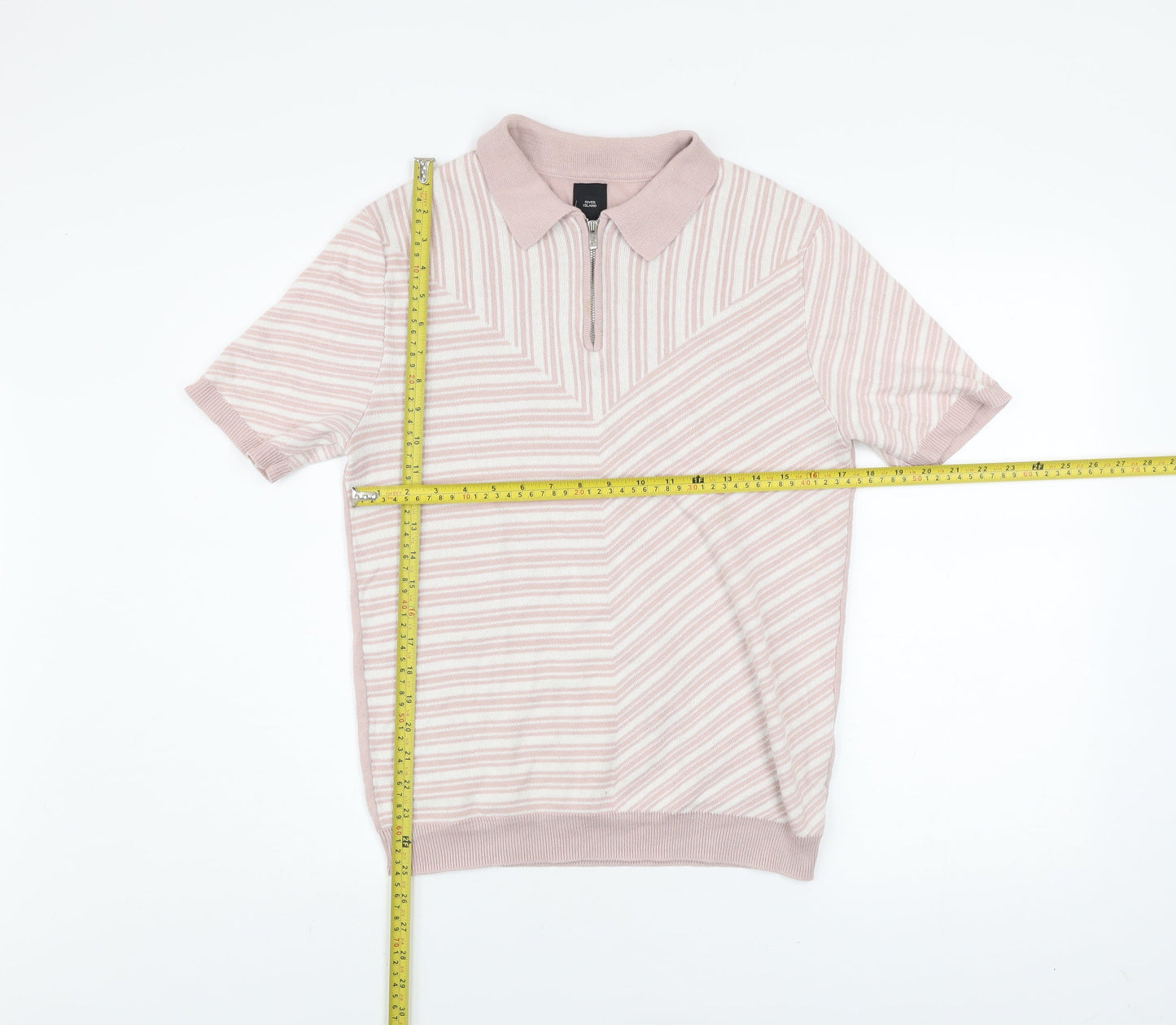River Island Men's Beige Striped Knit Zip Polo Shirt Size S