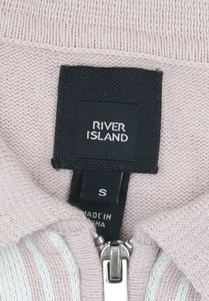 River Island Men's Beige Striped Knit Zip Polo Shirt Size S