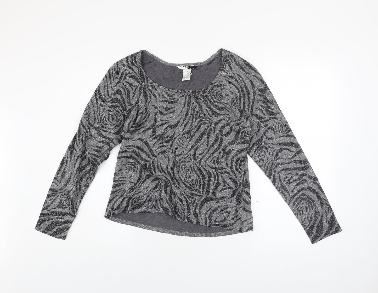 Studio JPR Women's Grey Metallic Animal Print Silk Blend Long Sleeve Top M