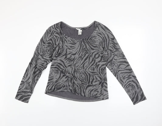 Studio JPR Women's Grey Metallic Animal Print Silk Blend Long Sleeve Top M