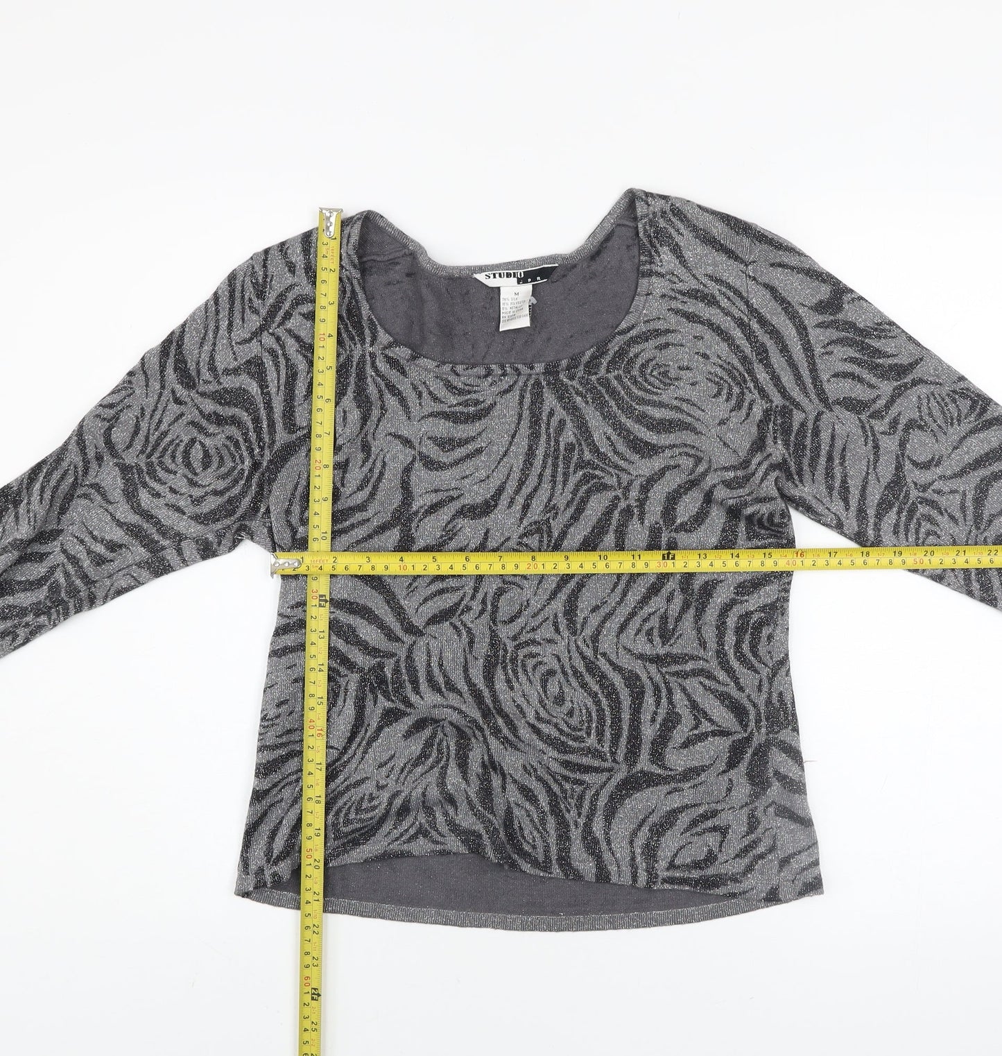 Studio JPR Women's Grey Metallic Animal Print Silk Blend Long Sleeve Top M