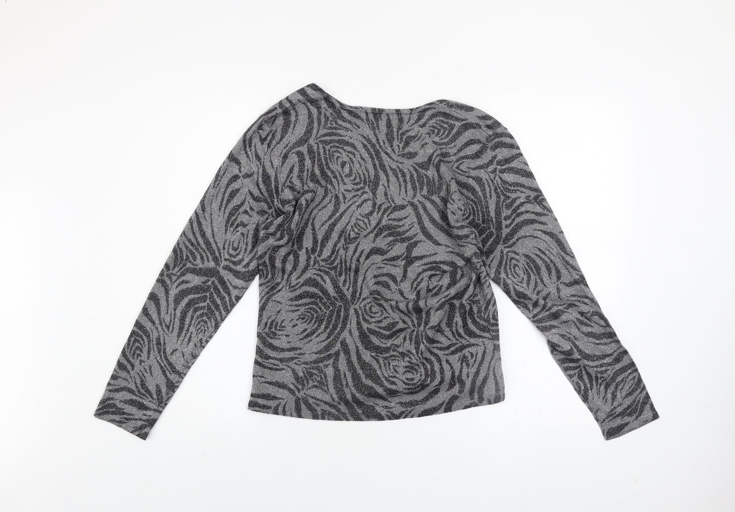 Studio JPR Women's Grey Metallic Animal Print Silk Blend Long Sleeve Top M