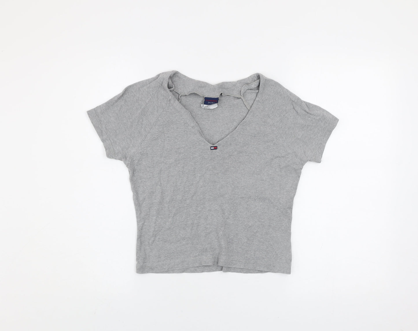 Tommy Jeans Womens Grey Cropped V-Neck T-Shirt Size S