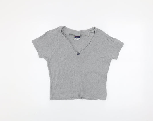 Tommy Jeans Womens Grey Cropped V-Neck T-Shirt Size S