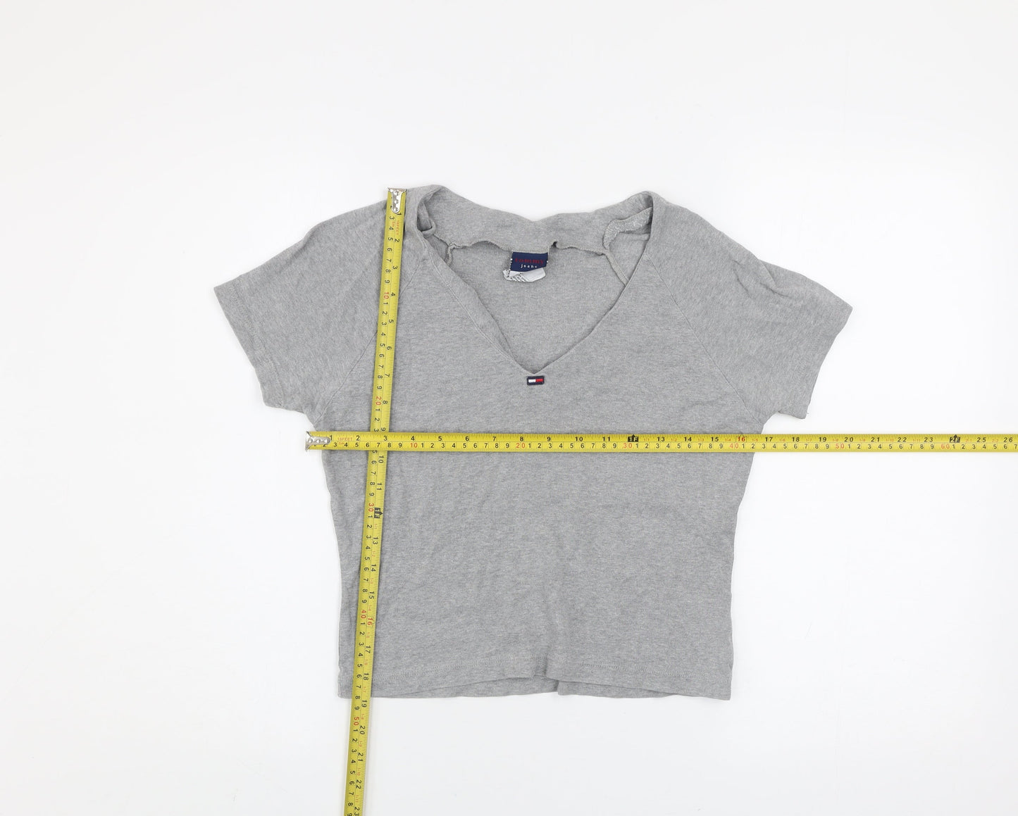 Tommy Jeans Womens Grey Cropped V-Neck T-Shirt Size S