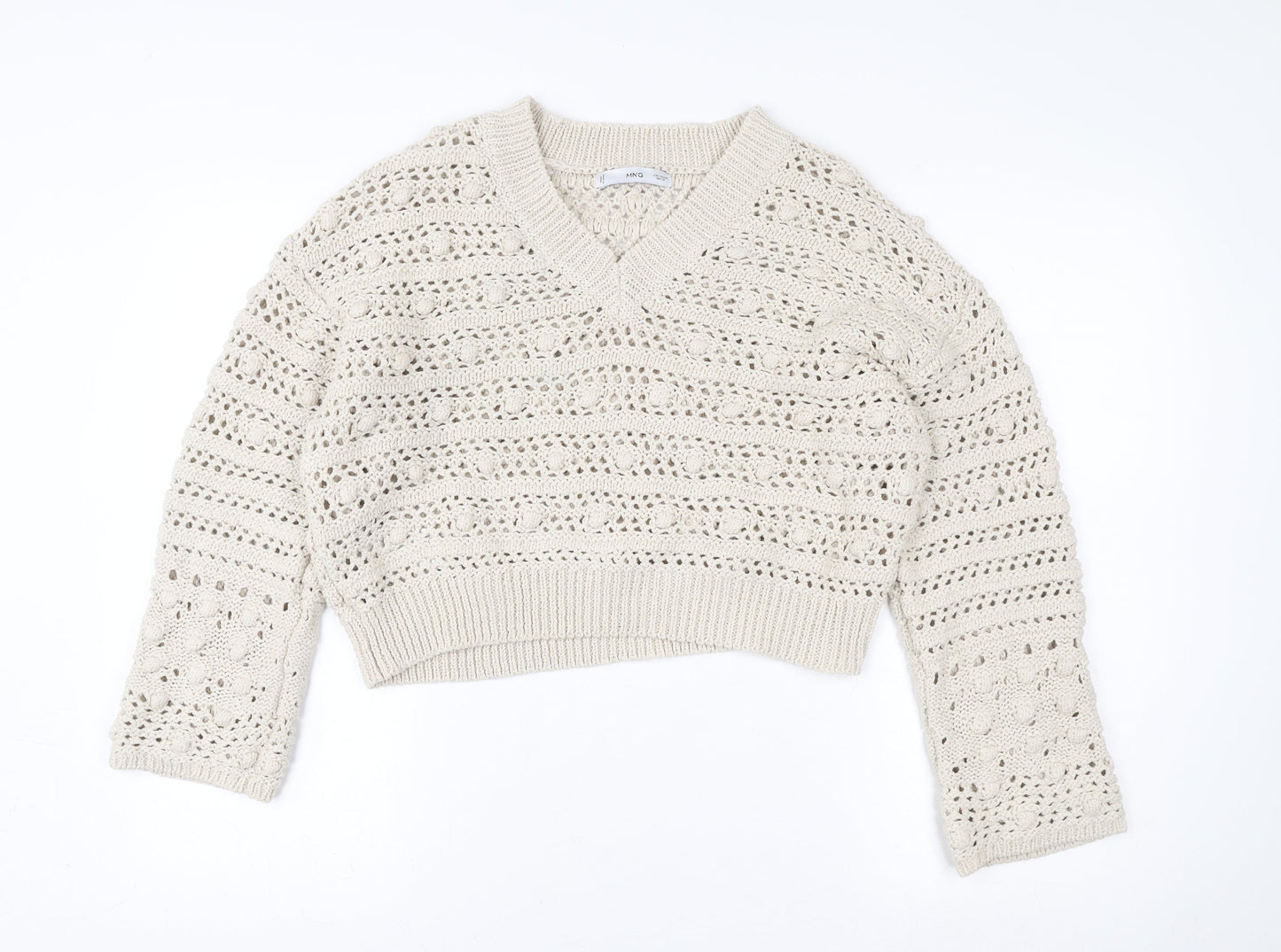 MNG Women Beige Open Knit V-Neck Cotton Jumper Size M