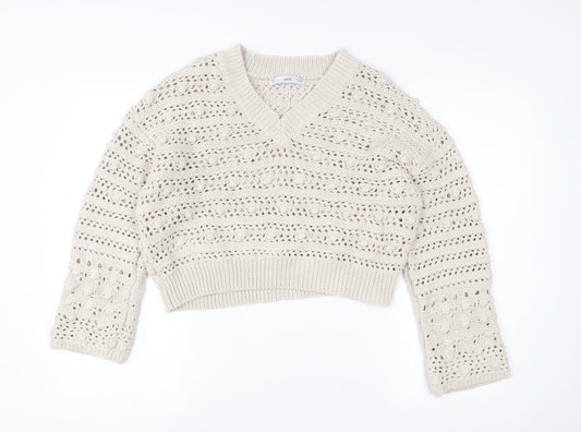 MNG Women Beige Open Knit V-Neck Cotton Jumper Size M