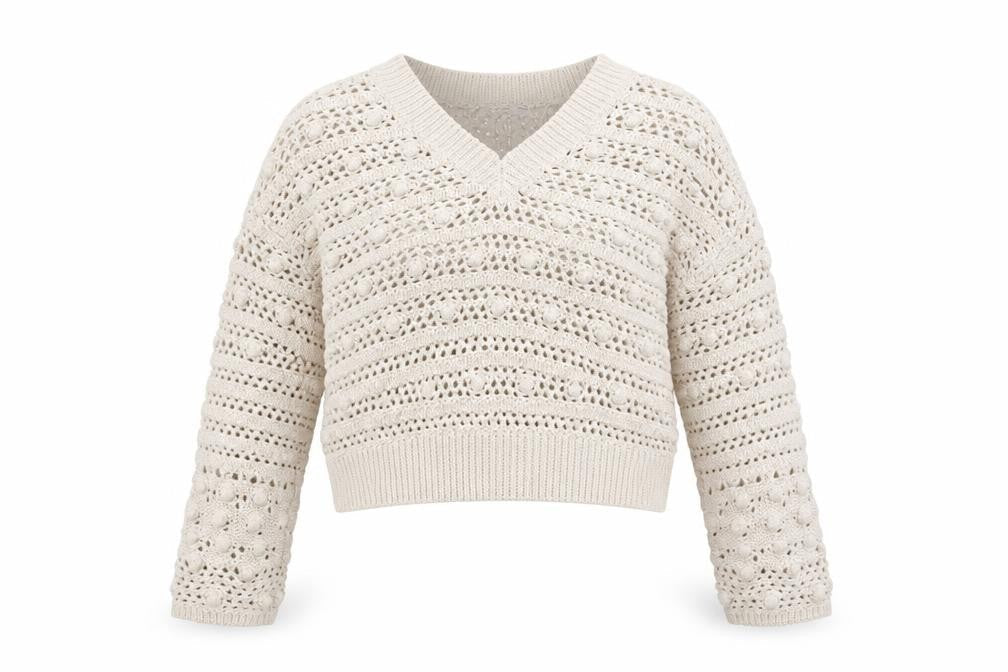 Mango Women Beige Open Knit V-Neck Cotton Jumper Size M