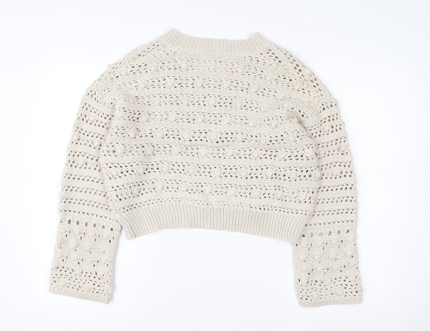 MNG Women Beige Open Knit V-Neck Cotton Jumper Size M