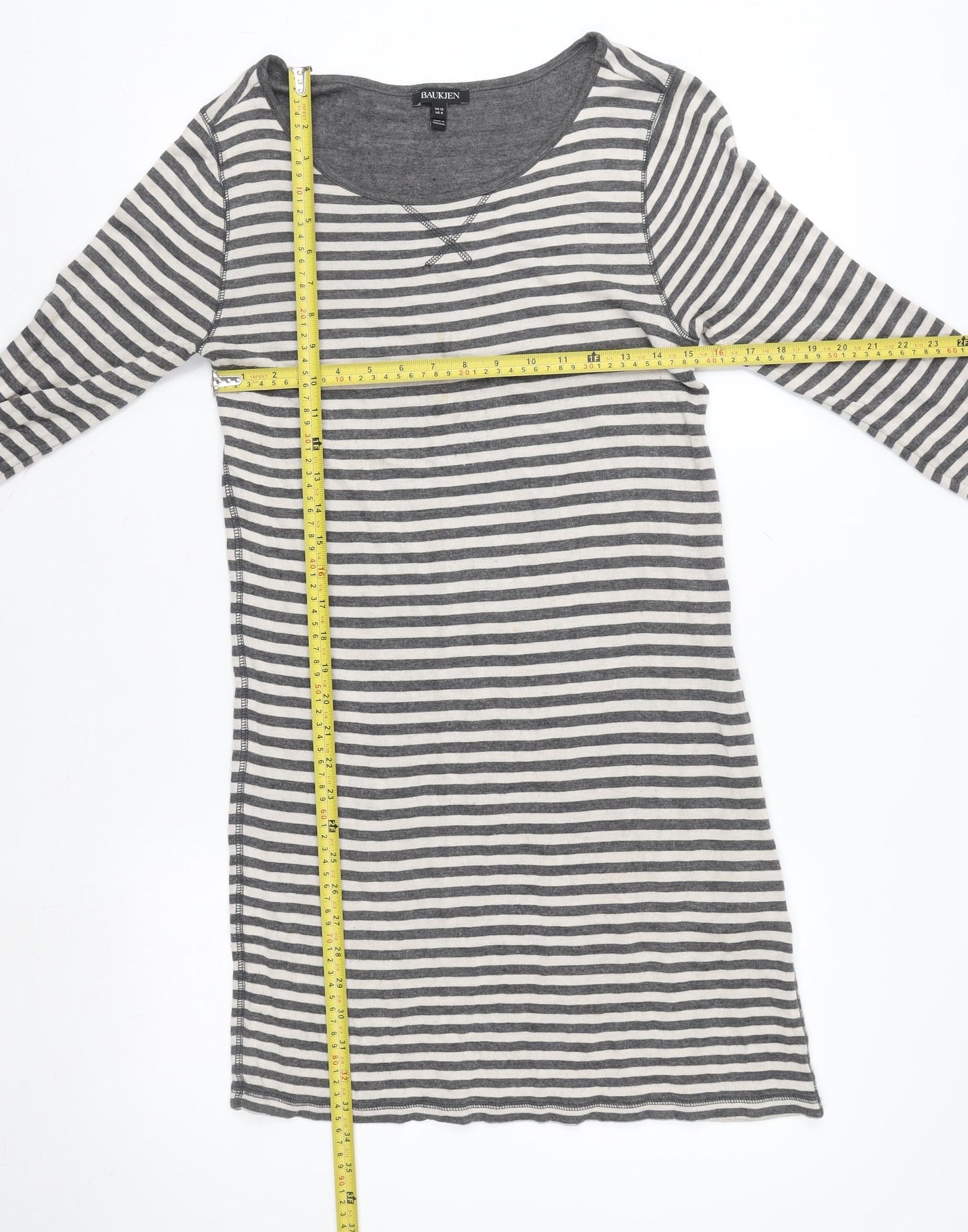 Baukjen Womens Grey White Striped Cotton Scoop Neck 3/4 Sleeve T-Shirt Size 12