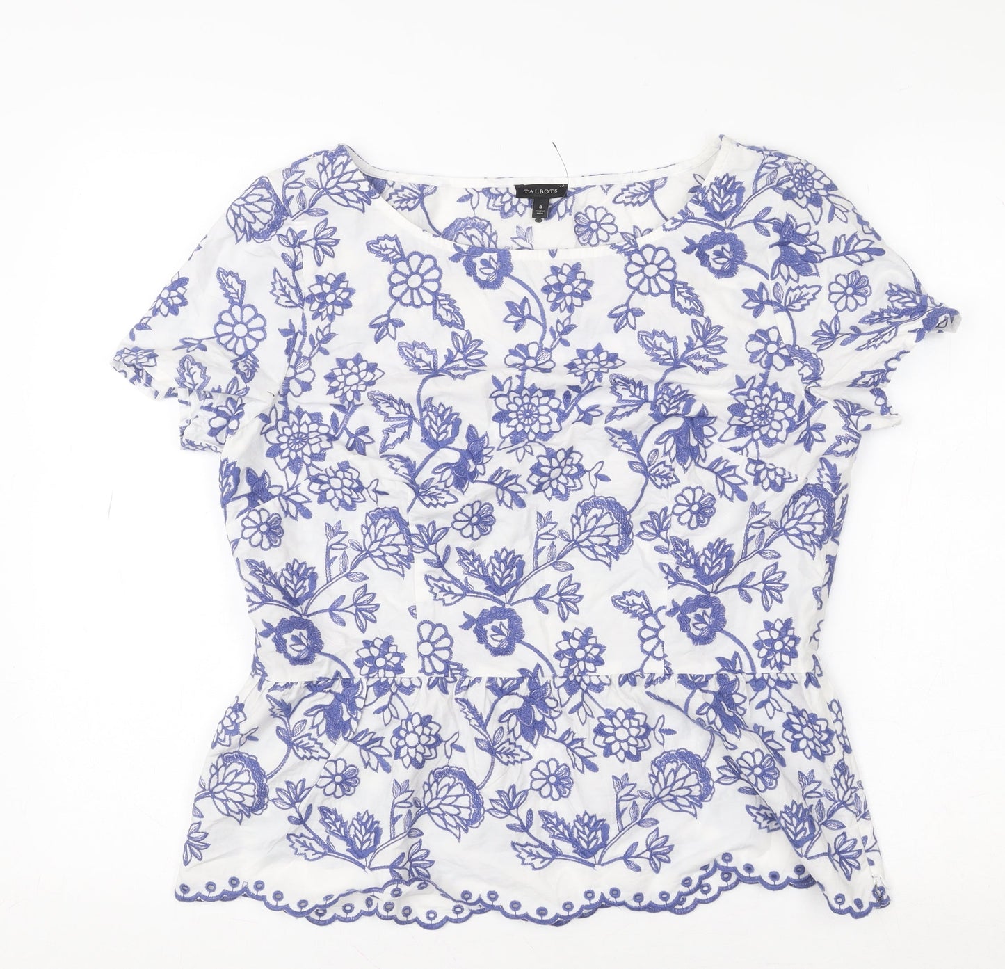 Talbots Women’s White Blue Embroidered Floral Cotton Tunic Blouse Size 12