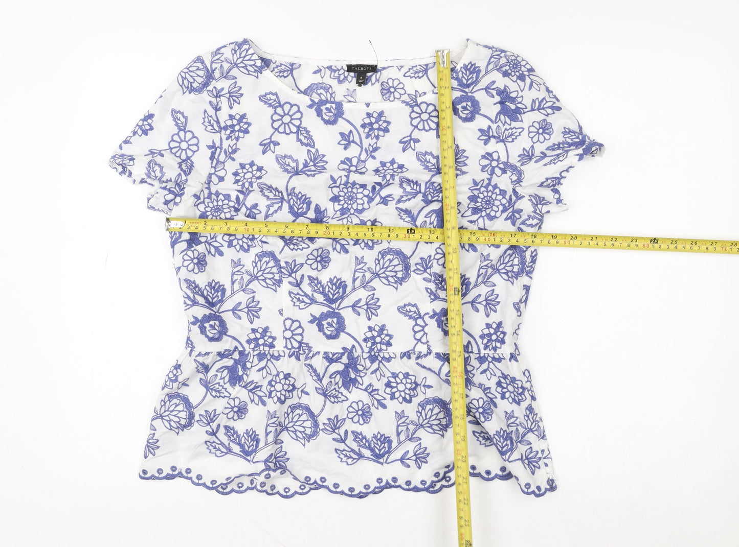 Talbots Women’s White Blue Embroidered Floral Cotton Tunic Blouse Size 12