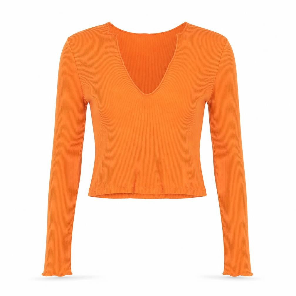 BDG Women's Orange Ribbed V-Neck Cropped Long Sleeve Top Size S