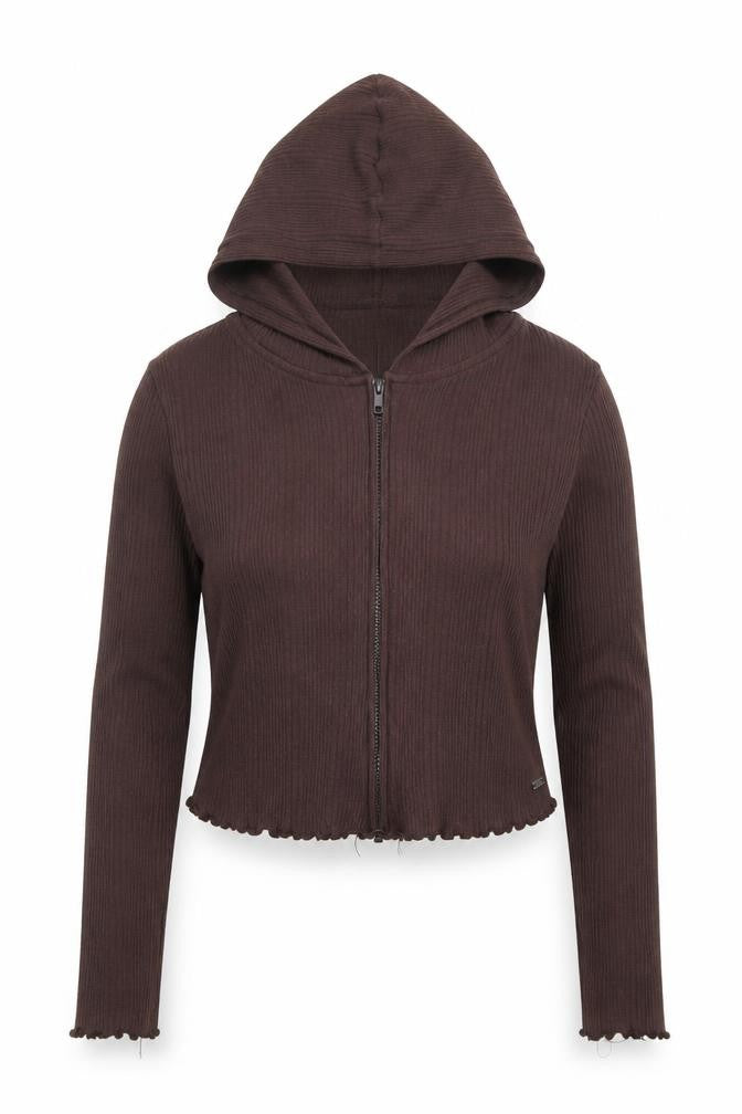 Pull&Bear Teens Brown Ribbed Full Zip Hoodie Women's XL Casual