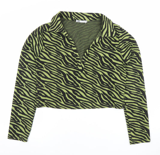 ZARA Women Green Animal Print Cropped Collared Long Sleeve Top Size 12