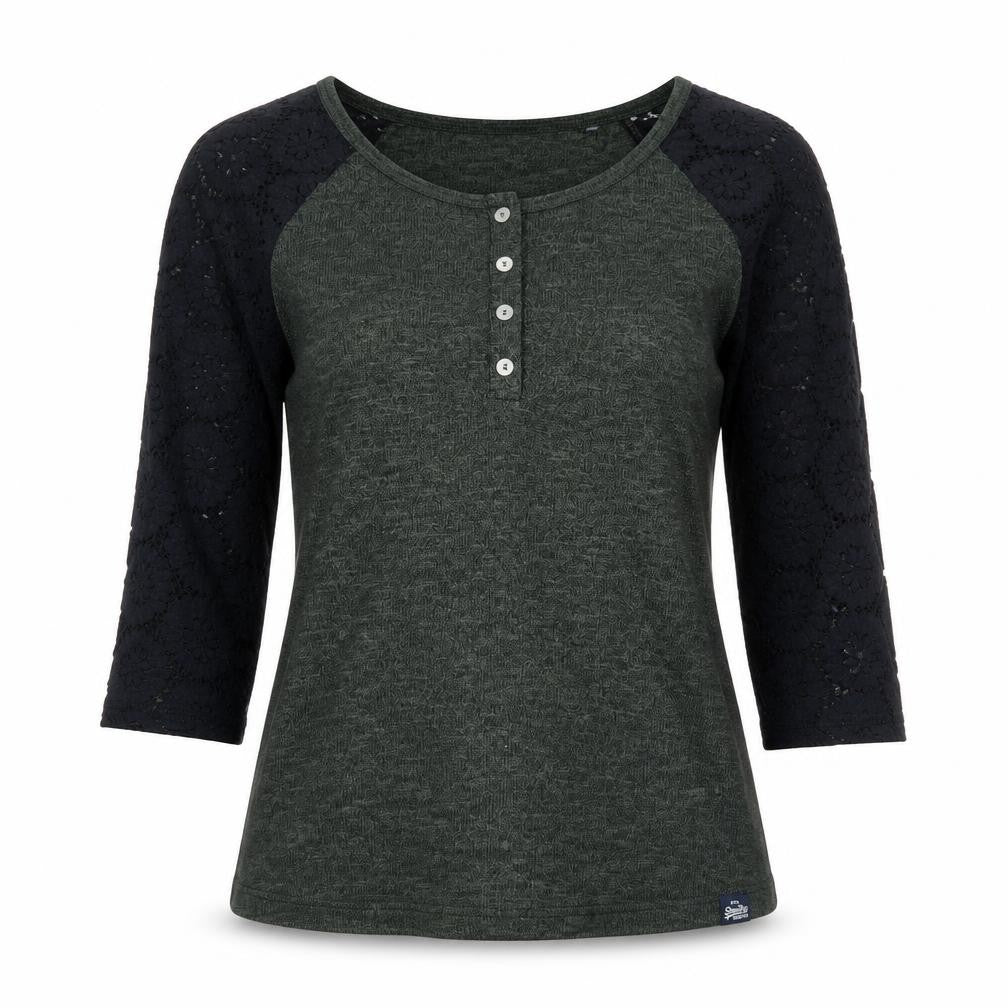 Superdry Women's Green Raglan 3/4 Sleeve Button-Up Jersey Top S