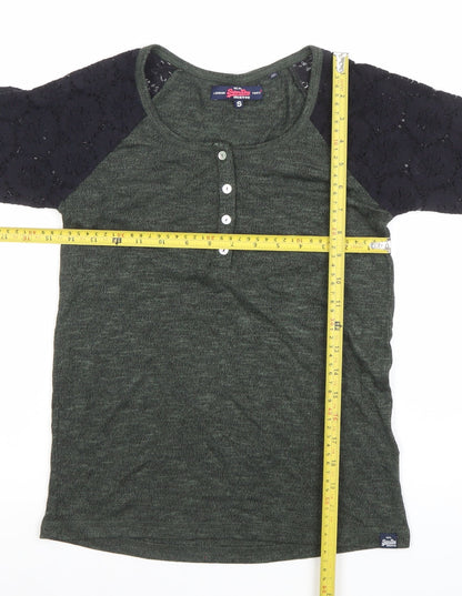 Superdry Women's Green Raglan 3/4 Sleeve Button-Up Jersey Top S