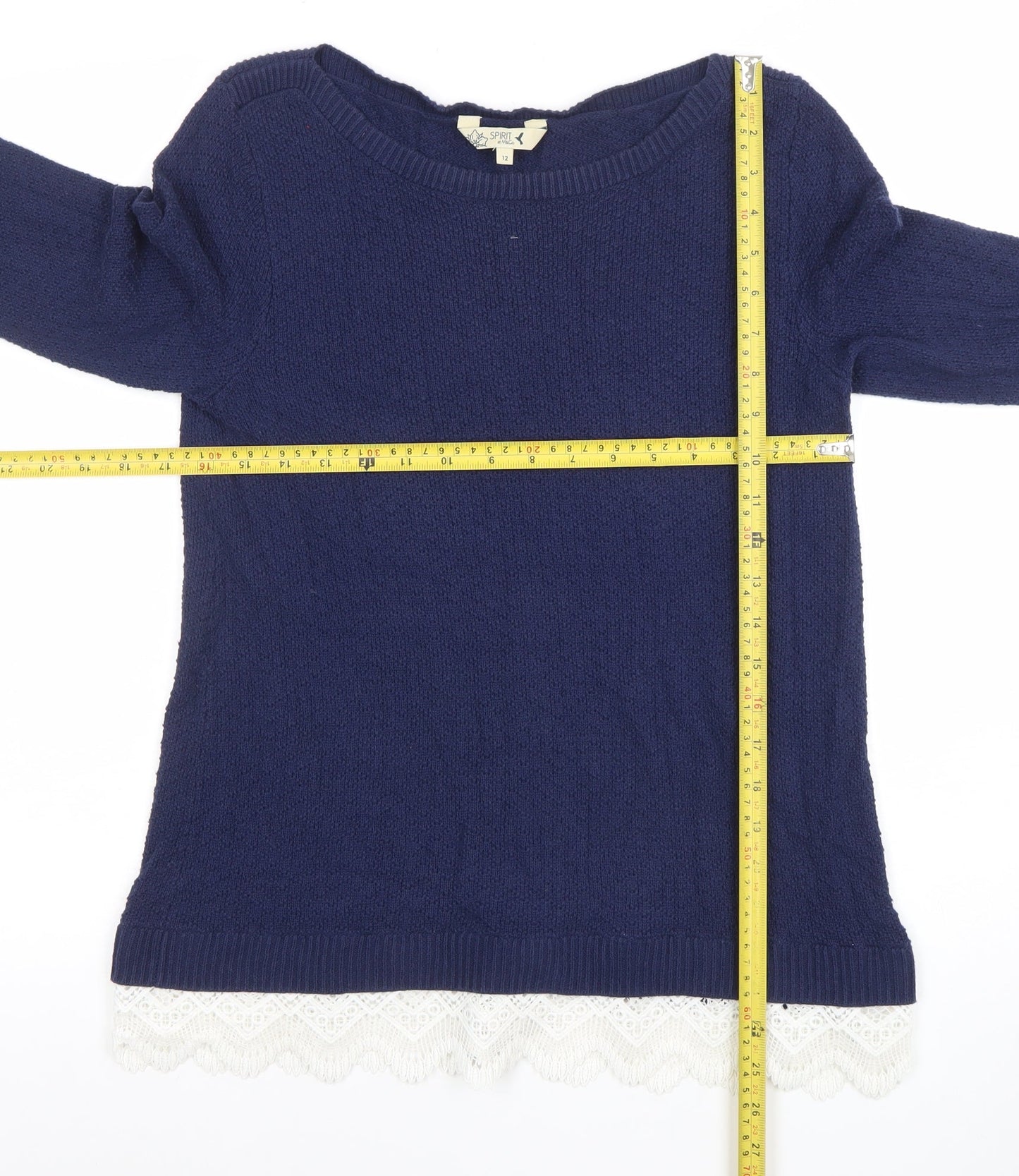 Esprit Women Blue Cotton Knit Lace Hem Jumper Size 12
