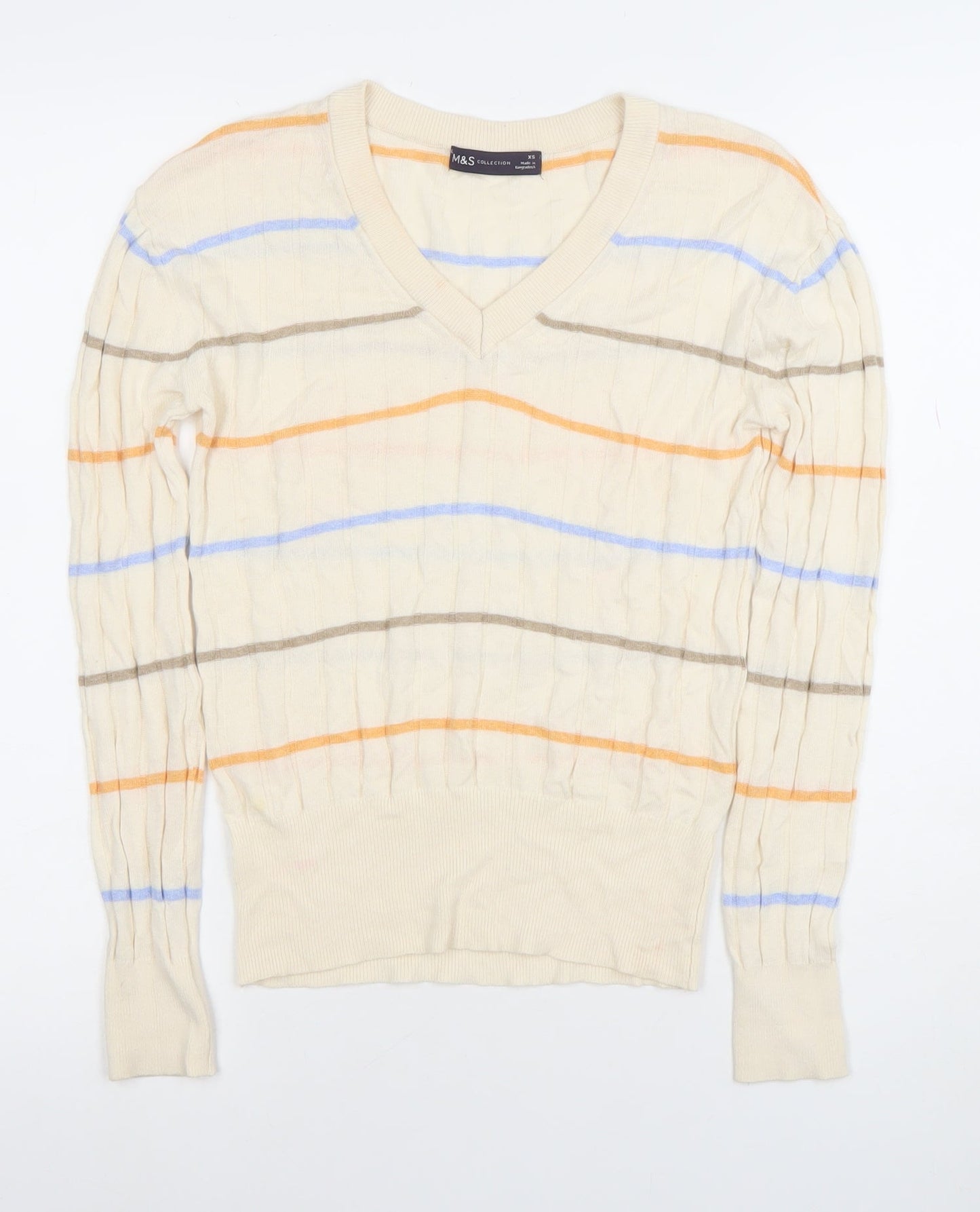Marks and Spencer Womens Beige Striped V-Neck Cotton Jumper XS
