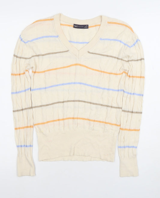 Marks and Spencer Womens Beige Striped V-Neck Cotton Jumper XS