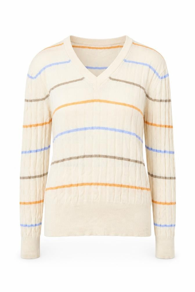 Marks & Spencer Womens Beige Striped V-Neck Cotton Jumper XS