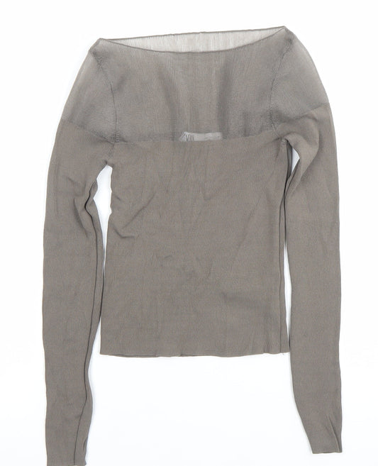 ZARA Women’s Grey Knit Slim Fit Boat Neck Long Sleeve Blouse Size S