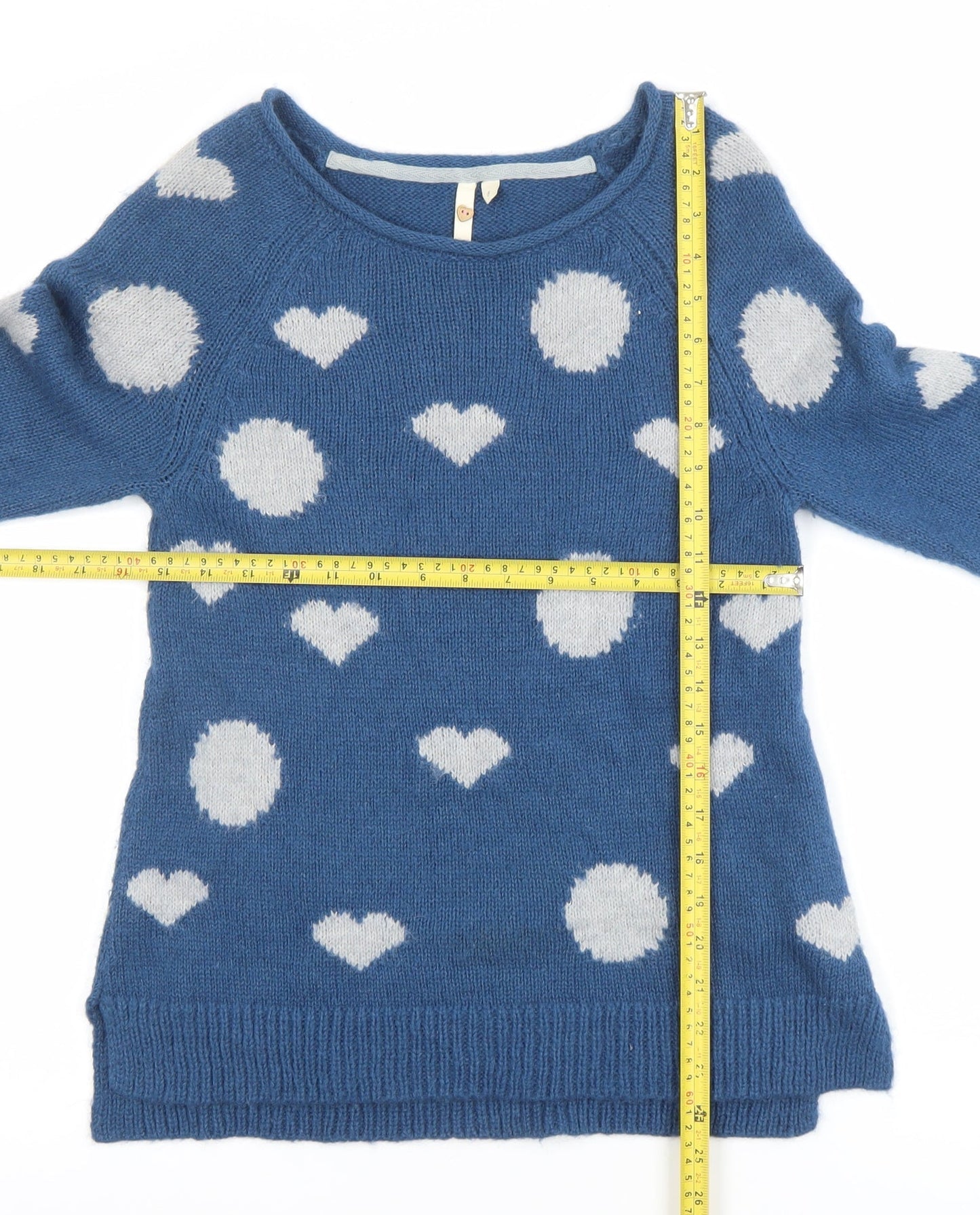 White Stuff Womens Blue Heart Wool Blend Pullover Jumper Size 8