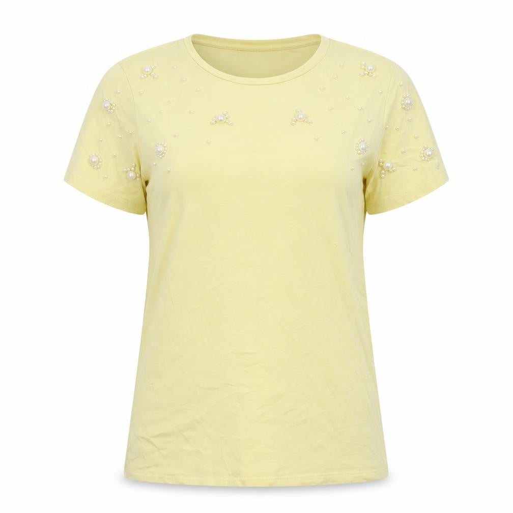 Savida Women Yellow Beaded Cotton Jersey T-Shirt Size S