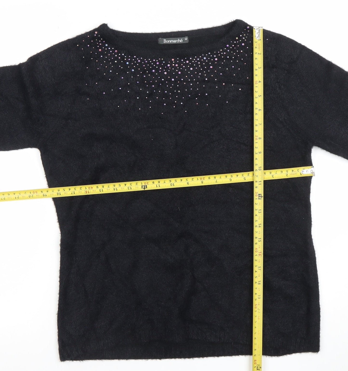 Bonmarché Women's Black Rhinestone Crew Neck Long Sleeve Jumper Size 12