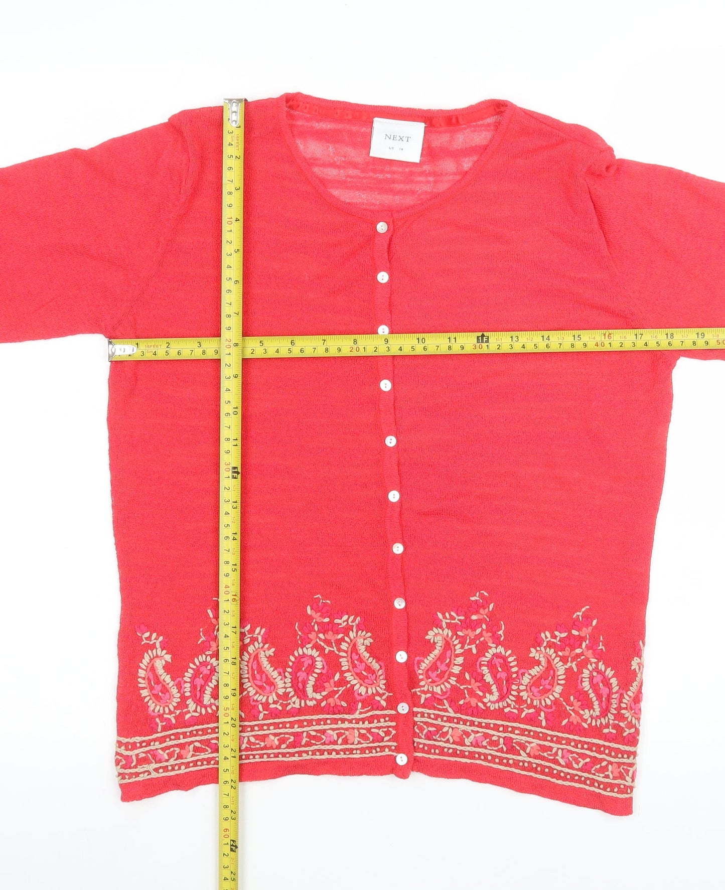 NEXT Women Red Embroidered Cardigan UK 14 Boho Knitwear