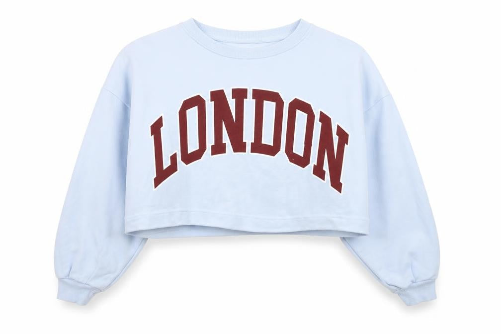 ZARA Women Blue Cropped Pullover Sweatshirt London Logo Size S