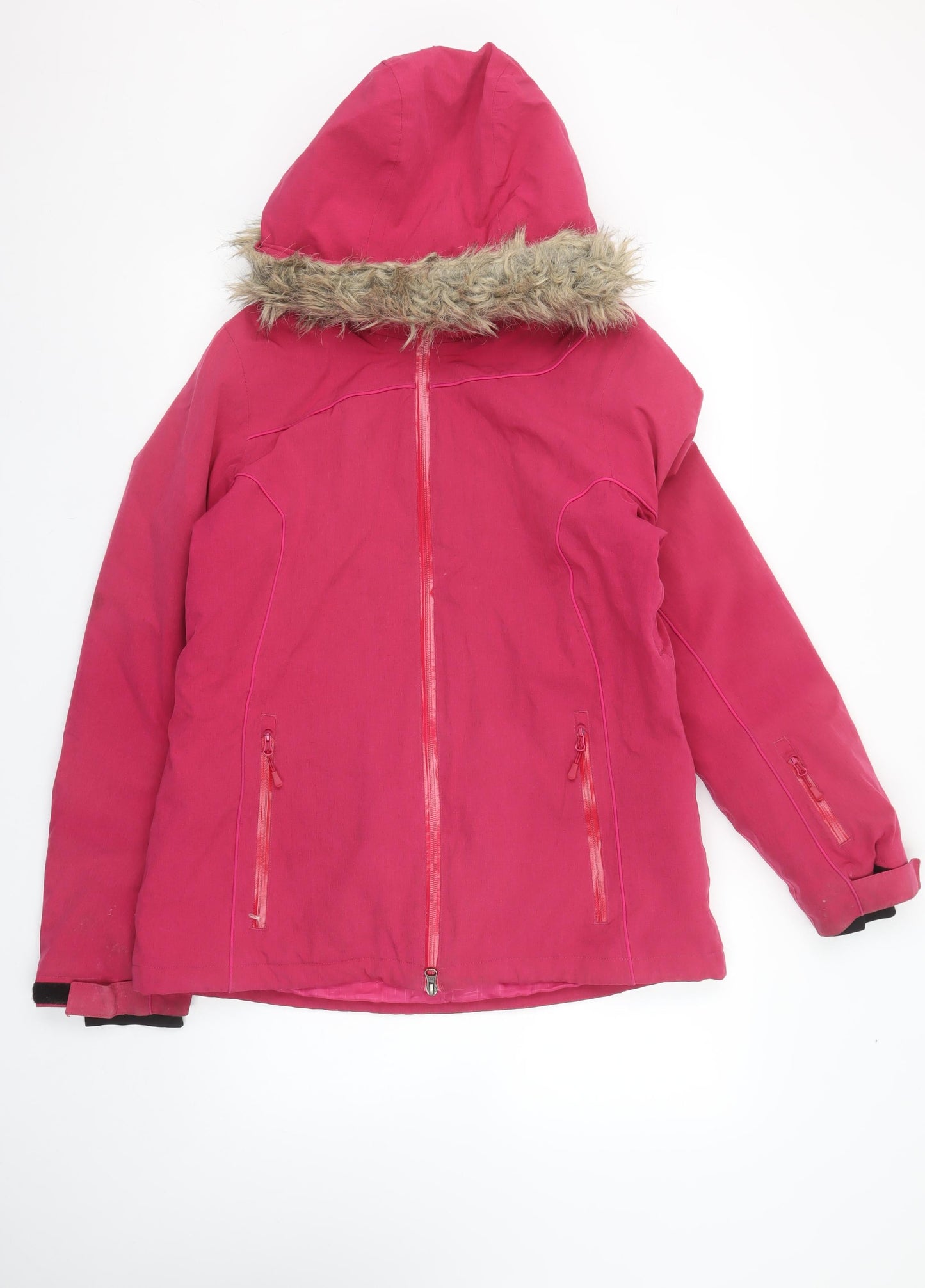 Crane Ski Pro Women's Pink Hooded Ski Jacket Size 12-14 Faux Fur Trim Waterproof