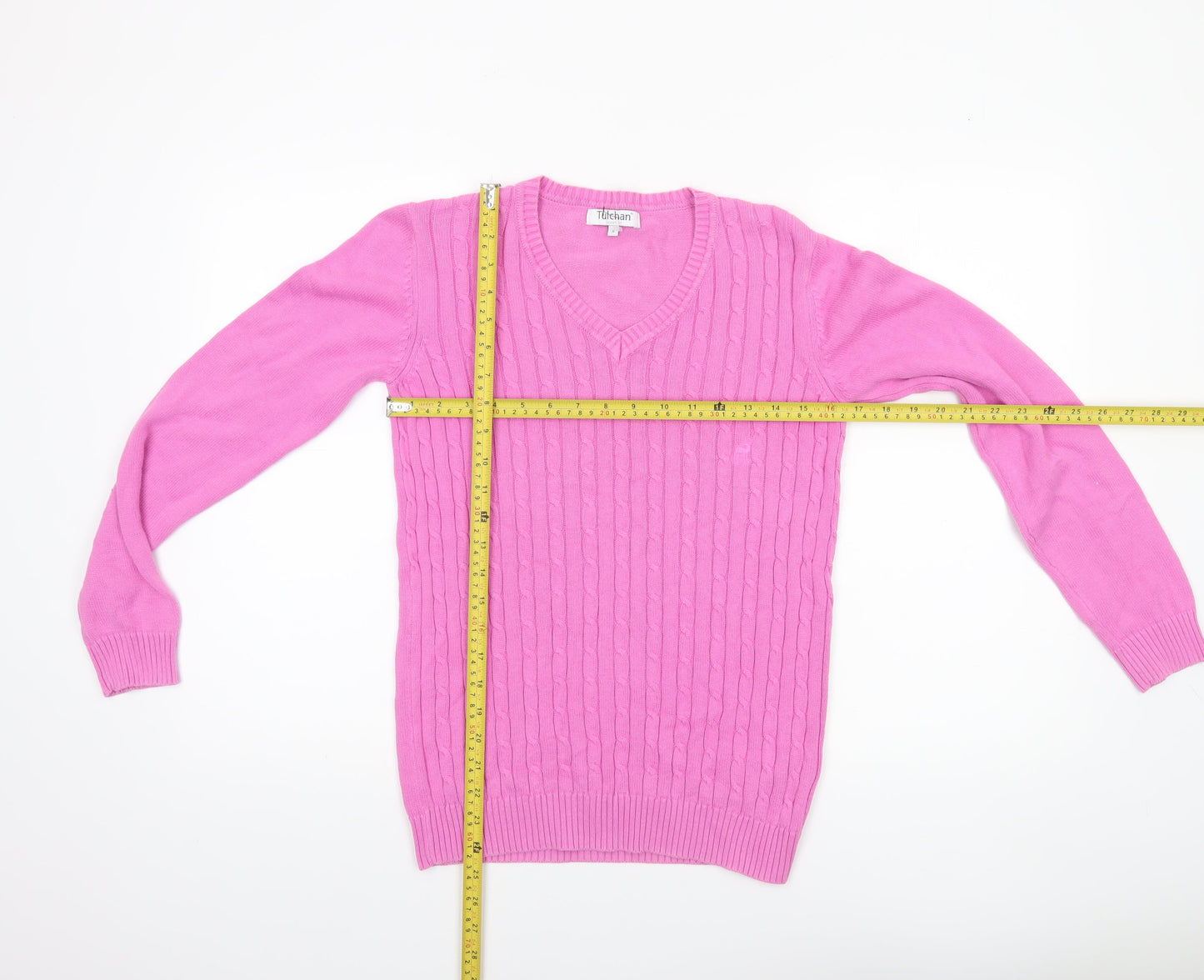 Tulchan Women's Pink V-Neck Cotton Cable Knit Jumper Size S