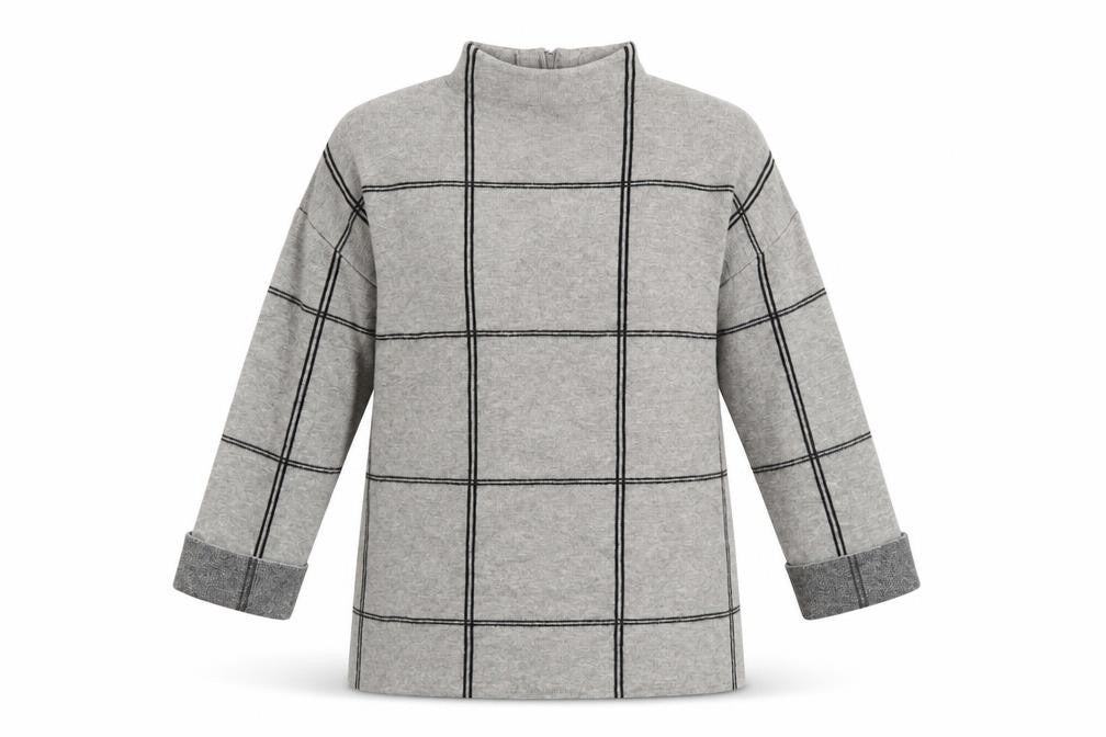 Tahari Women's Grey Checked Mock Neck Knit Jumper Size S
