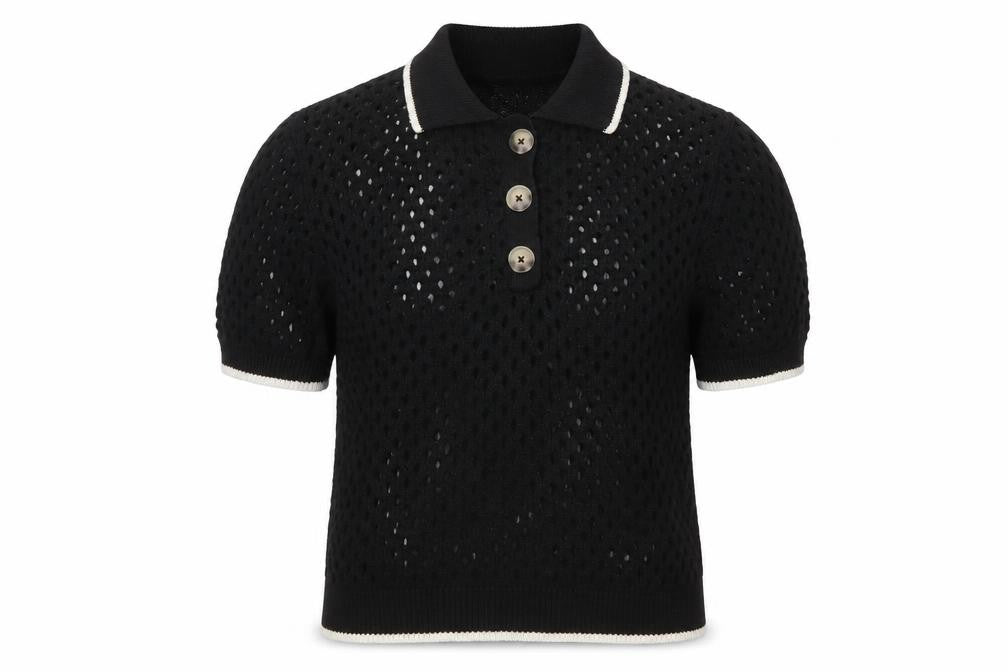Brave Soul Women's Black Open Knit Collared Henley Jumper L