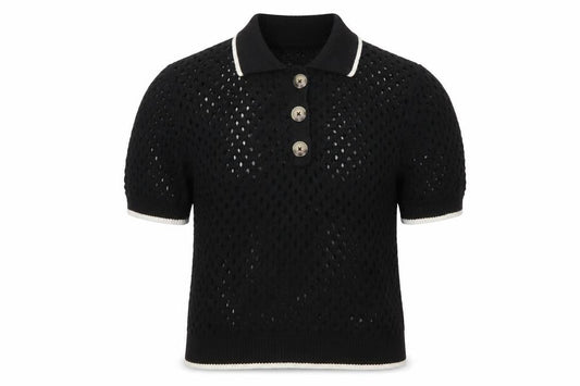 Brave Soul Women's Black Open Knit Collared Henley Jumper L