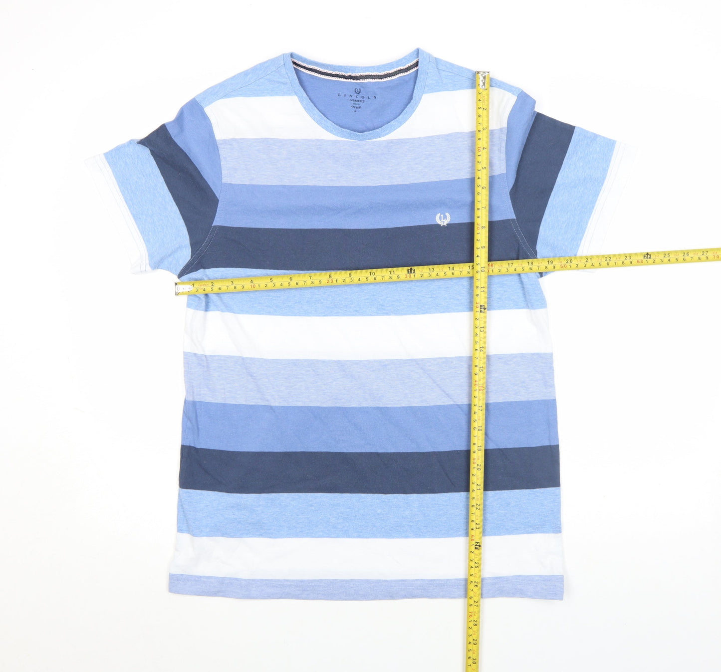 Lincoln Men's Blue Striped Crew Neck Cotton Blend T-Shirt Medium