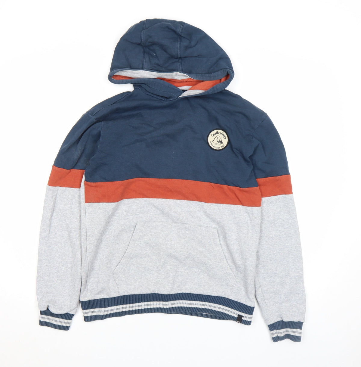 Quiksilver Boys Blue Grey Colourblock Pullover Hoodie Size 16 Cotton Blend
