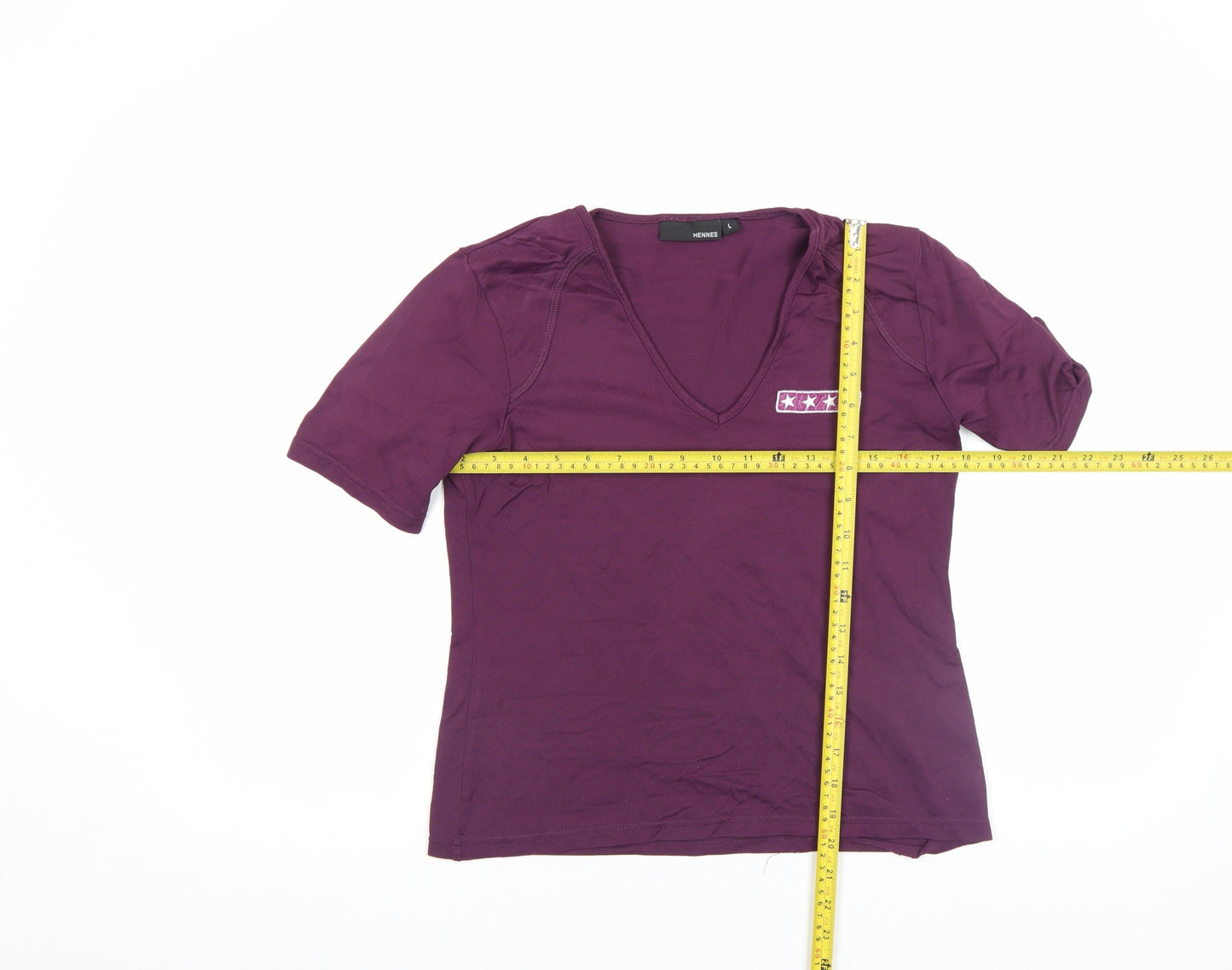 Hennes Women's Purple V-Neck Short Sleeve Stretch T-Shirt Size L