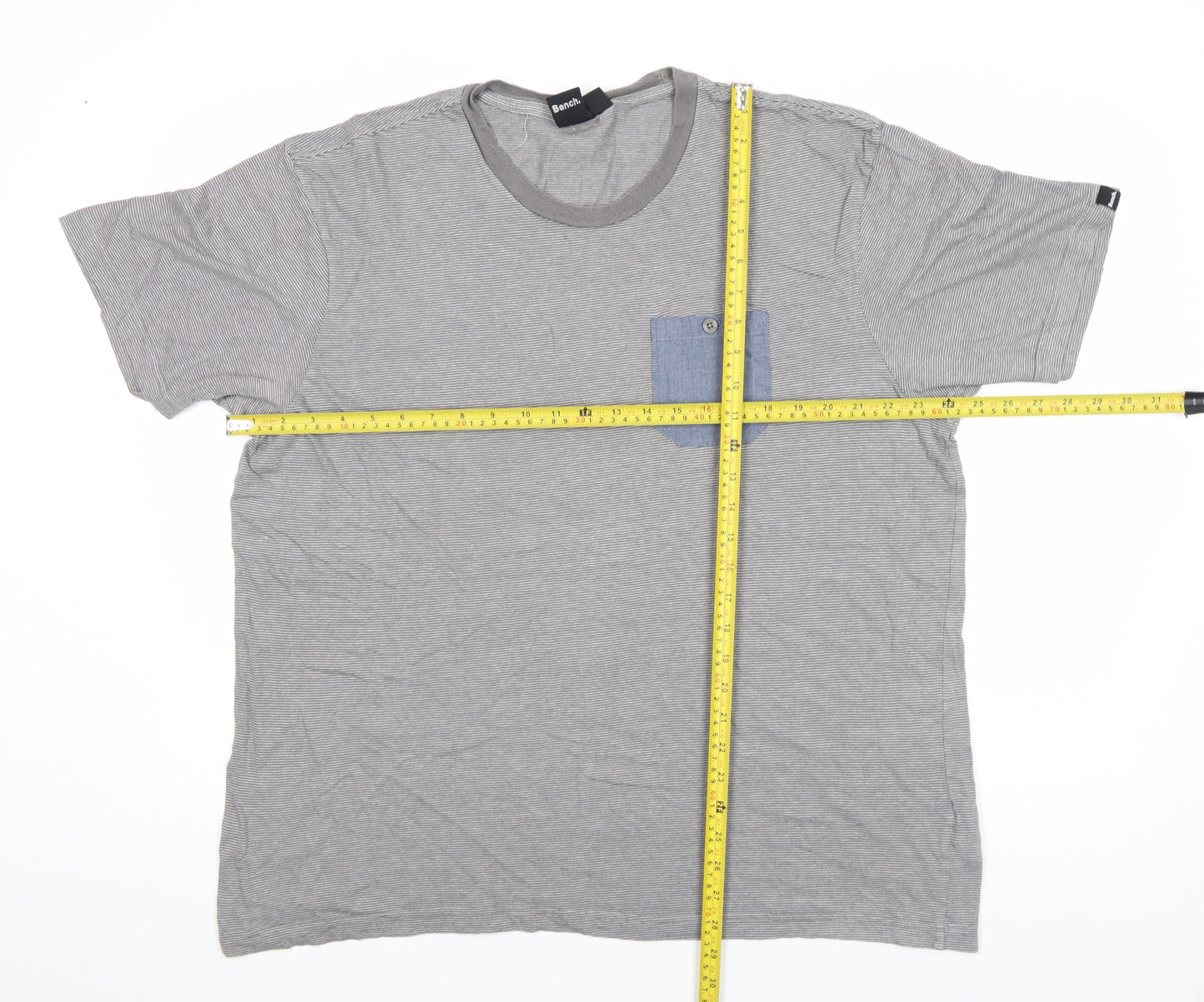 Bench Men's Grey Striped Crew Neck Pocket T-Shirt Size L