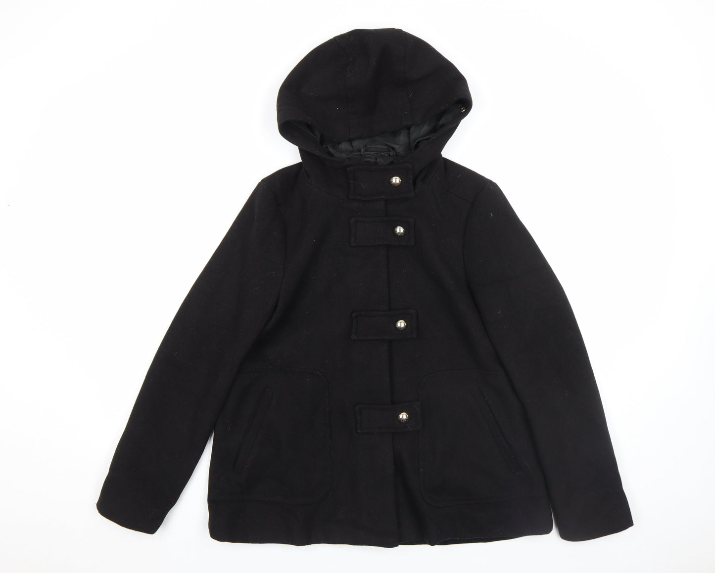 Zara Women’s Black Wool Blend Hooded Duffle Coat XS