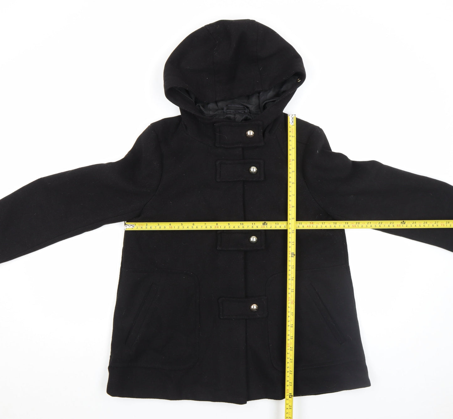 Zara Women’s Black Wool Blend Hooded Duffle Coat XS