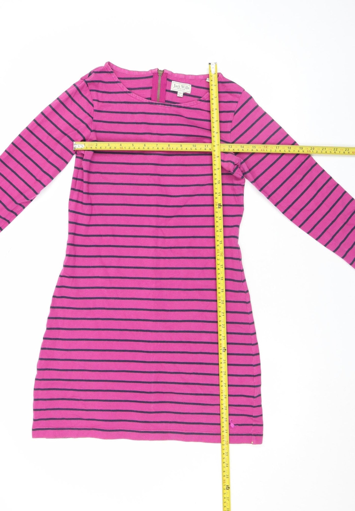 Jack Wills Women Pink & Navy Striped Shift Dress UK 8 Long Sleeve Cotton