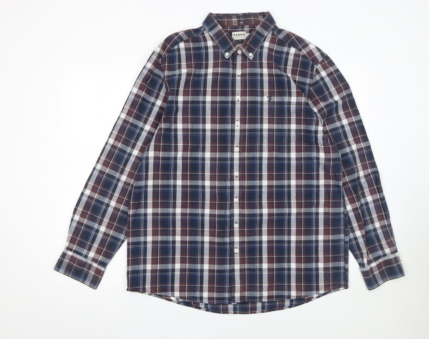 Farah Classic Men's Blue Check Long Sleeve Button-Up Shirt 2XL