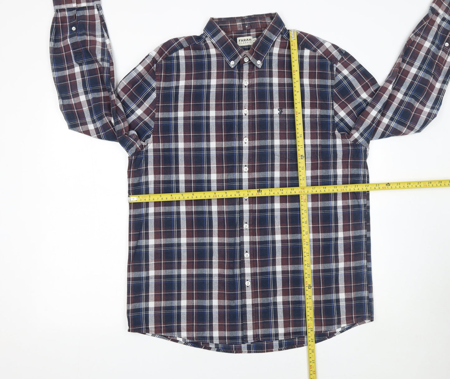 Farah Classic Men's Blue Check Long Sleeve Button-Up Shirt 2XL